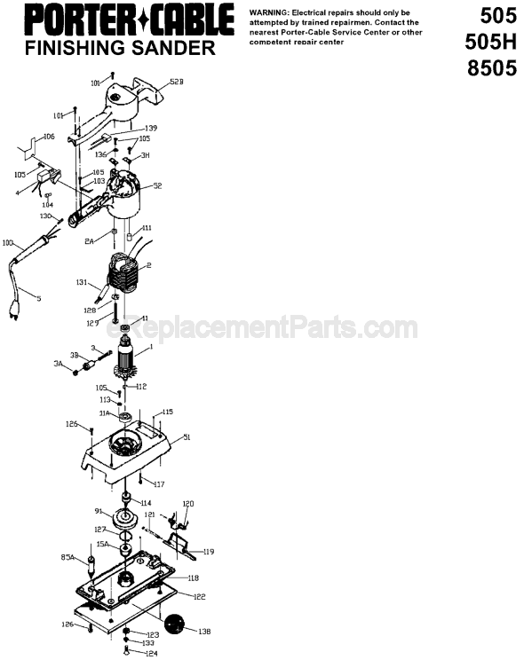 Page A Diagram and Parts List for 8505 Type 1 Porter Cable Sander Polisher